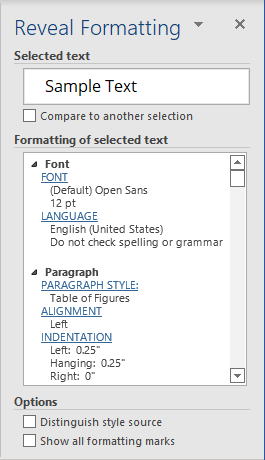 Reveal Formatting pane in Word 365