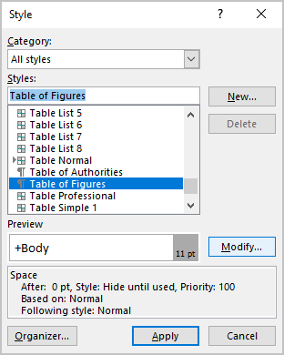 Modify in Style dialog box Word 365