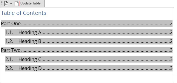 Formatted Table of Contents in Word 365