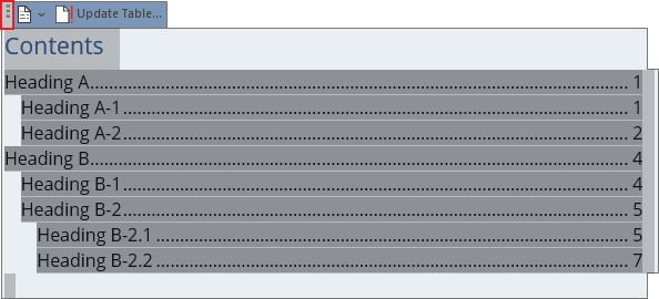 Field button in TOC Word 365