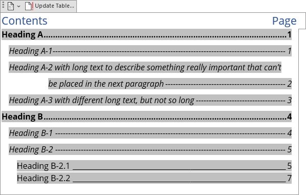 table of contents word custom heading styles in word