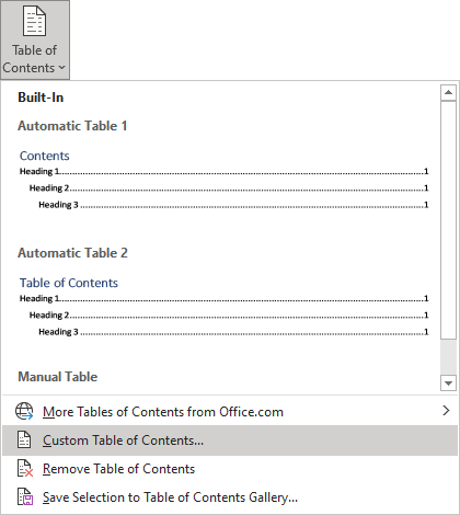 manual table of contents word ....