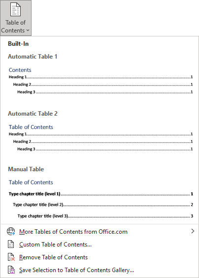 manual table of contents word 365