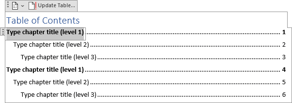 Manual Table of Contents in Word 365