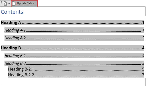 Update Table button in field Word 365