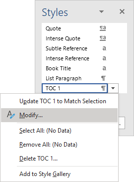 Modify in Styles pane Word 365