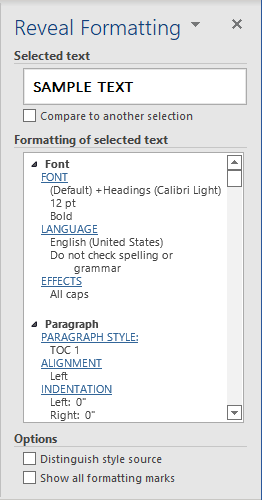 Reveal Formatting pane in Word 365