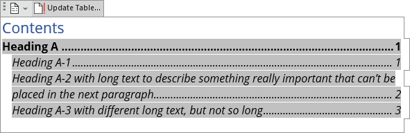 Example overlapping page numbers Table of Contents in Word 365