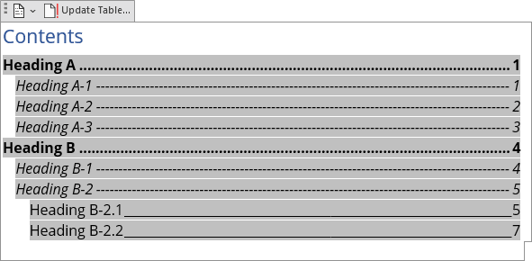 Tab leaders in Table of Contents Word 365