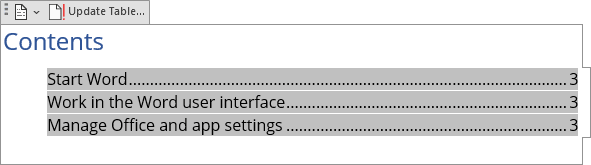 Example 2 Table of Contents with \l switch in Word 365