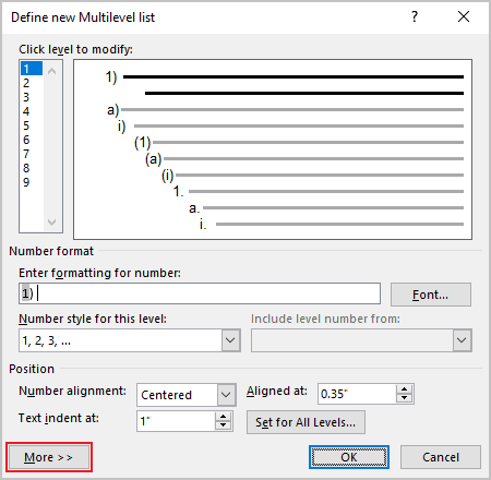 Define new Multilevel list dialog box in Word 365