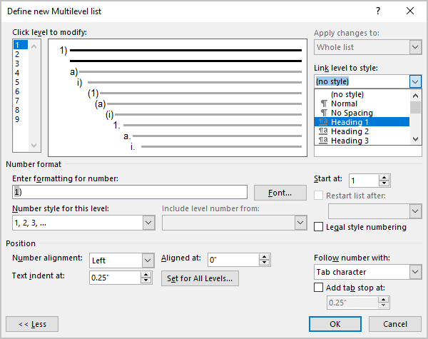 Example of Link level to style for the multilevel list in Word 365