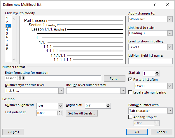 Define new Multilevel list 2 in Word 365