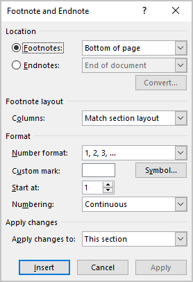 Footnotes and Endnotes dialog box Word 365