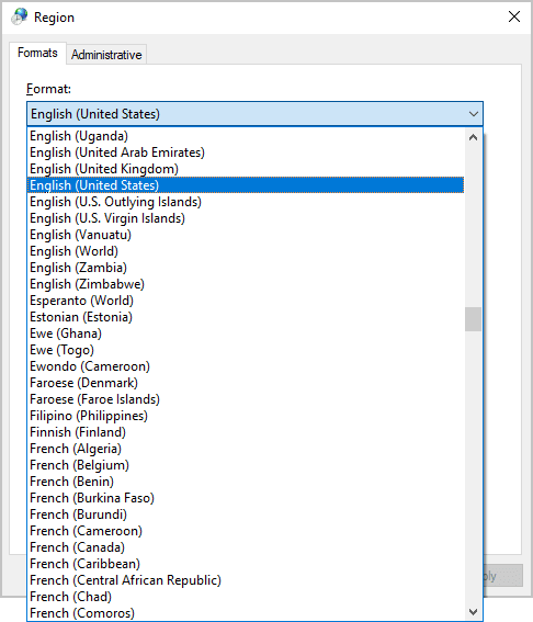 Locale Format in Windows 10