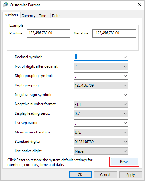 Reset in Customize formats dialog box Windows 10