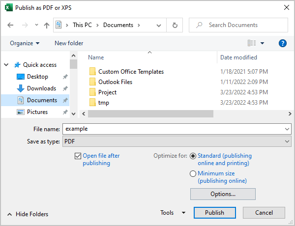 Publish as PDF or XPS in Excel 365