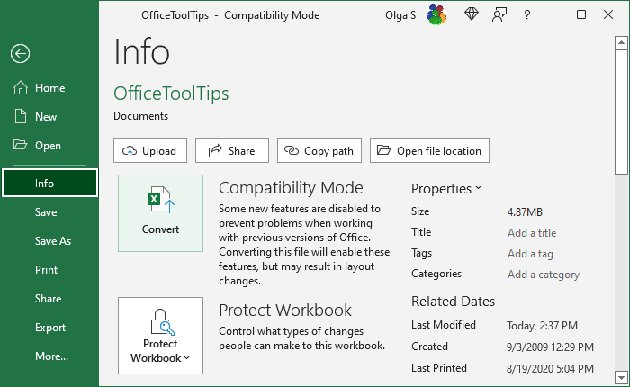 The compatibility mode in Excel - Microsoft Excel 365