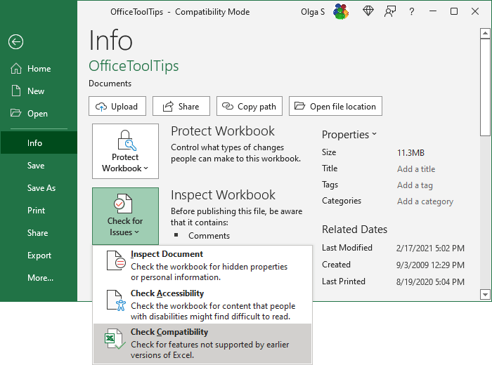 The compatibility mode in Excel - Microsoft Excel 365