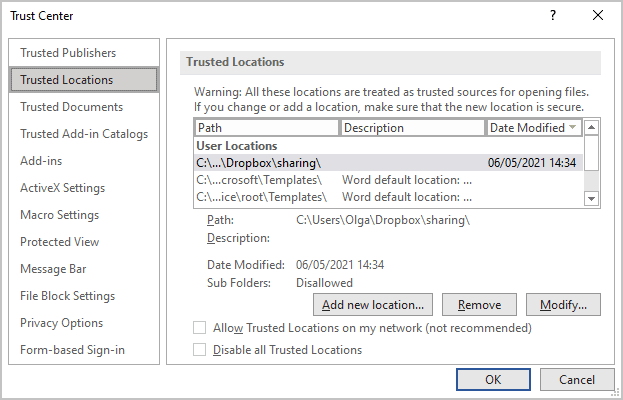 Trusted Locations in Word 365