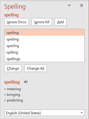 Spelling pane in PowerPoint 365