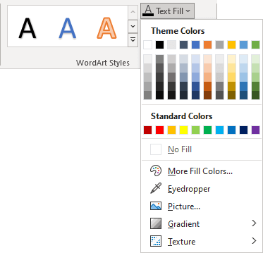 Text Fill list in Format tab PowerPoint 365