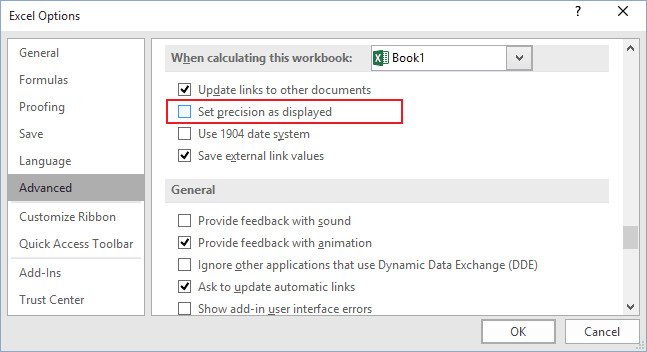 Advanced options in Excel 2016