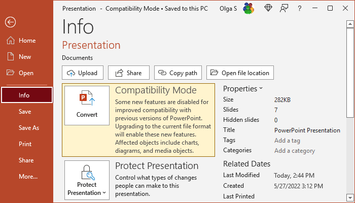 Convert button in PowerPoint 365