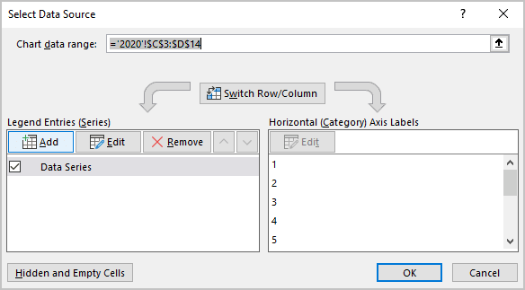 Select Data Source dialog box in Excel 365