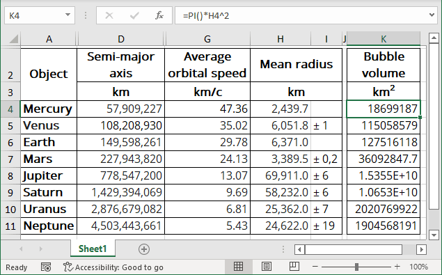 Data for Bubble chart in Excel 365