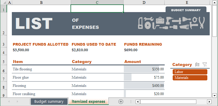 Home Construction Budget Template - Itemized Expenses tab in Excel 365