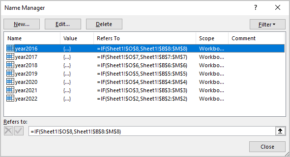 Name Manager dialog box in Excel 365