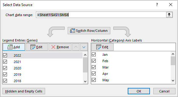 Select Data Source dialog box in Excel 365