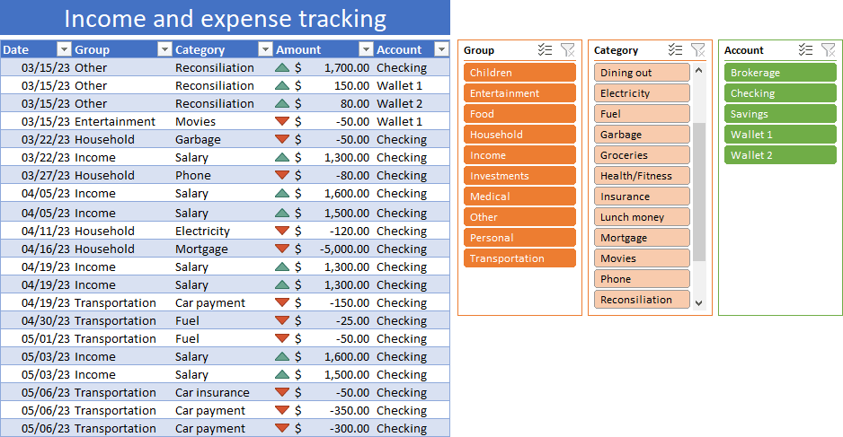 Create slicers for Income and Expense tracking in Excel 365