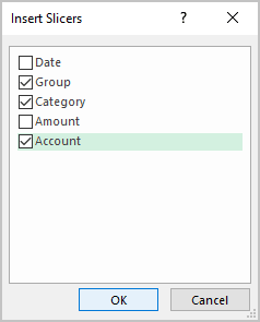 Insert Slicer dialog box in Excel 365