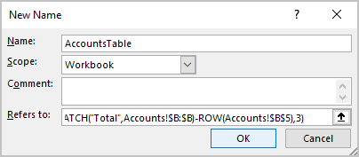 New Name dialog box in Excel 365