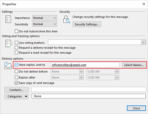 Properties dialog box in Outlook 365