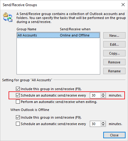 Schedule an automatic send/receive in Outlook 365