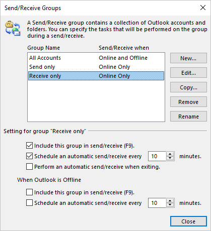 Send/Receive Groups dialog box in Outlook 365