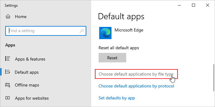 Choose default applications by file type link in Windows 10