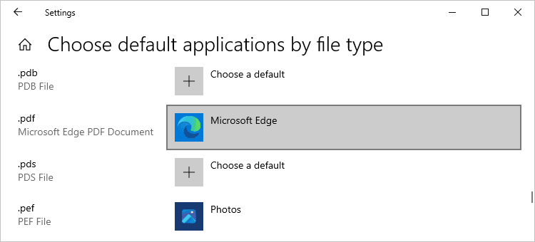 Choose default applications by file type in Windows 10