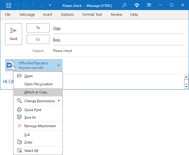 Attach as Copy in Outlook 365 message