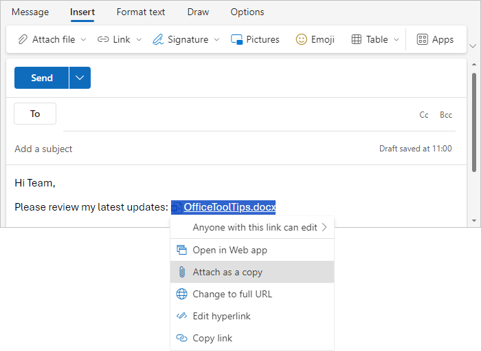 Attach as a copy in Outlook for Web