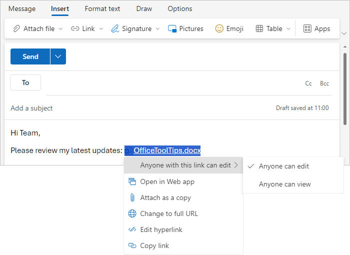 Change the attachment permissions in Outlook for Web