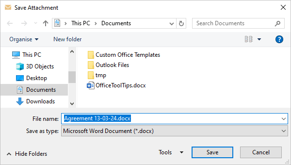 Save Attachment dialog box in Outlook 365