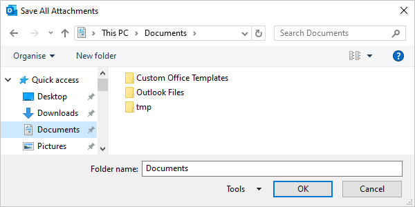 Save All Attachments dialog box in Outlook 365