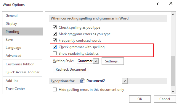 microsoft word 2016 grammar check settings