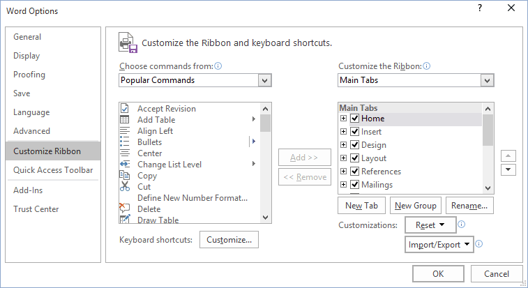 Customize Ribbon in Word 2016