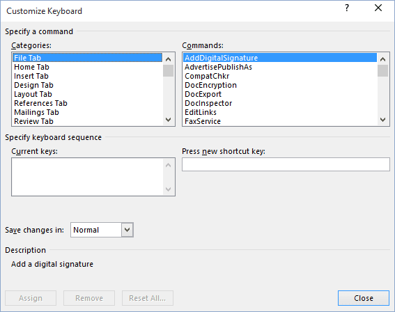 word 2016 assign hotkey