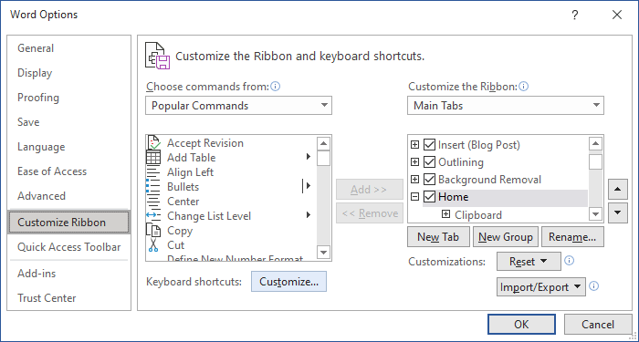 Customize Ribbon in Word 365